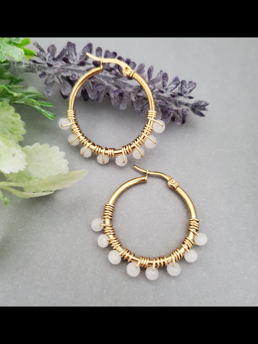 Gold Hoop Earrings with White Bead Accents - Women Jewelry